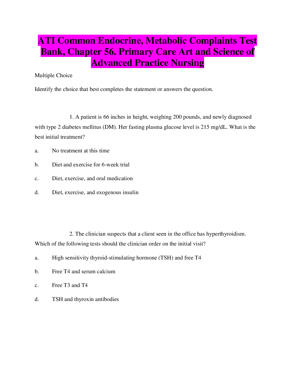 Preview image for ATI Common Endocrine, Metabolic Complaints Test Bank, Chapter 56. Primary Care Art and Science of Advanced Practice Nursing